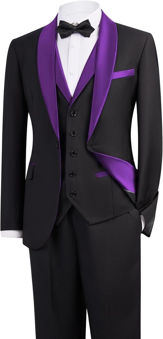 Men's Suit 3-Piece Slim Fit Shawl Lapel Wedding Tuxedo Formal/Casual Blazer Jacket, Waistcoat, Pants Set (Purple) XS