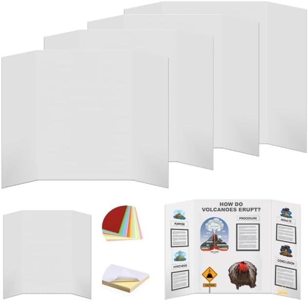 Rsgift 4 Pcs Tri-fold Poster Boards 48 x 36 inches, Premium Corrugated Presentation Boards with Double Sided Tapes,Display Boards for School Project,Exhibitions, Business Presentation