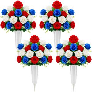 Suncalla 4 Pack Memorial Day Artificial Cemetery Flowers with Vase Patriotic Realistic Fake Silk Roses Red White Blue Outdoor Grave Decoration Rose Flowers Bouquet for 4th of July Independence Day