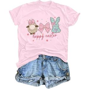 Easter Shirts for Women Happy Easter Tshirt Cute Bunny Rabbit Bow Graphic Tee Casual Short Sleeve Easter Gift Tops, XL, Pink