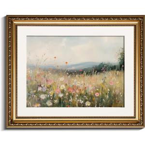 InSimSea Gold Picture Framed Wall Art, Living Room Vintage Field of Wildflowers Wall Decor, Nature Landscape Canvas Print Art, Home Farmhouse Decor, Antique Paintings with Frame 13x16inch