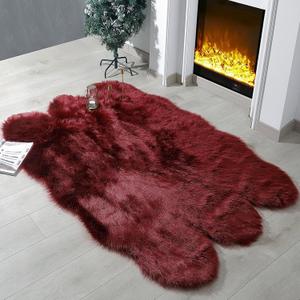 Faux Fur Rug Sheepskin Shag Fluffy Fuzzy Red 4x6 ft Rugs for Bedroom Bedside Bed Floor Living Room Plush High-Density Cushion Carpet Super Sofa Cover