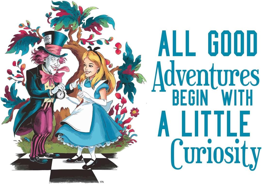 Cute Cartoon Alice and Hatter Man Mad Hatter Cheshire Cat Alice in Wonderland Adventurous Creative Minimalist Cartoon Girls Boys Kid Room Design Nursery Fun Home Vinyl Decoration Size (26x24 inch)