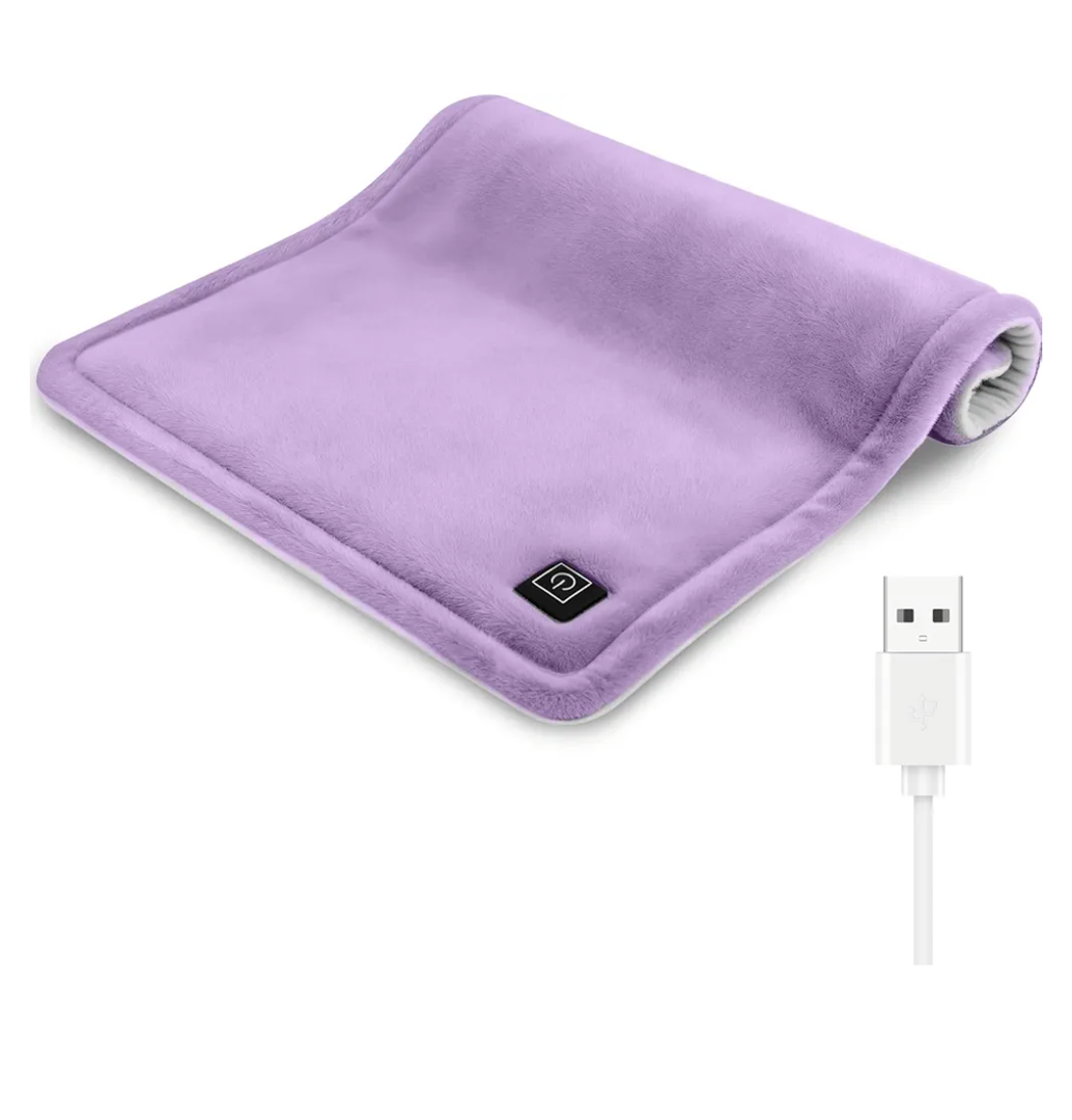USB Plug-in Heating Pad for Travel Warmth Outdoors, Non-Rechargeable Small Heated Pad 5V Heat Therapy for Pain Relief Abdomen Cramps, 3 Heat Settings & Auto Shut Off (12"x 16") Purple