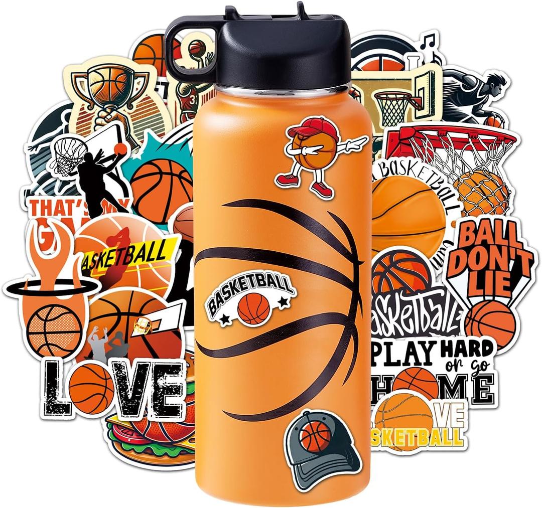 Basketball Water Bottles for Boys 32 oz and 100 PCS Basketball Stickers Sports Insulated Stainless Steel Water Bottle Basketballs Accessories Stuff Gear Gifts For 8-12 12-14 Player