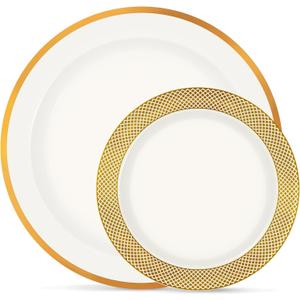 Boocikey Gold Plastic Plates, 40 Pcs White and Gold Plastic Plates, Include 10.25 inch Dinner plates & 7.5 inch Dessert plates for Party Wedding Birthday Thanksgiving