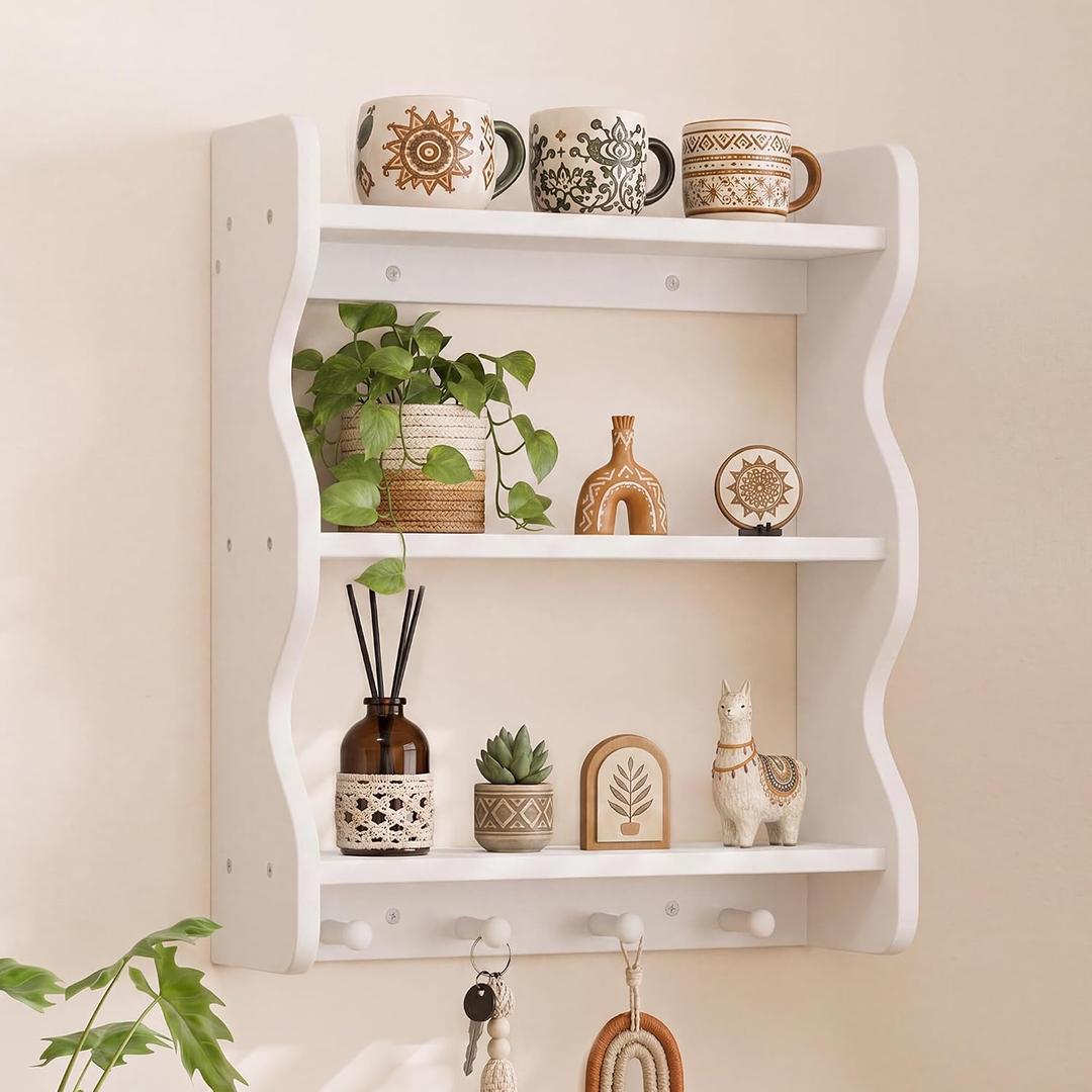 3 Tier Wooden Floating Wall Shelves with Hooks, Rustic Farmhouse Wall Mounted Storage Shelf, Decorative Curved Side Wall Organizer Display Rack for Bedroom, Bathroom, Living Room, Kitchen, White, 19.7x5.9x23.6 In