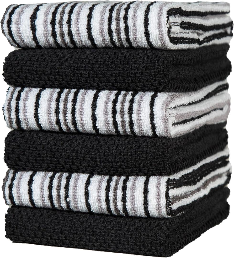 Popcorn Stripe Cotton Kitchen Towels - 6 Pack | 16'x26' | Highly Absorbent 400 GSM | Black