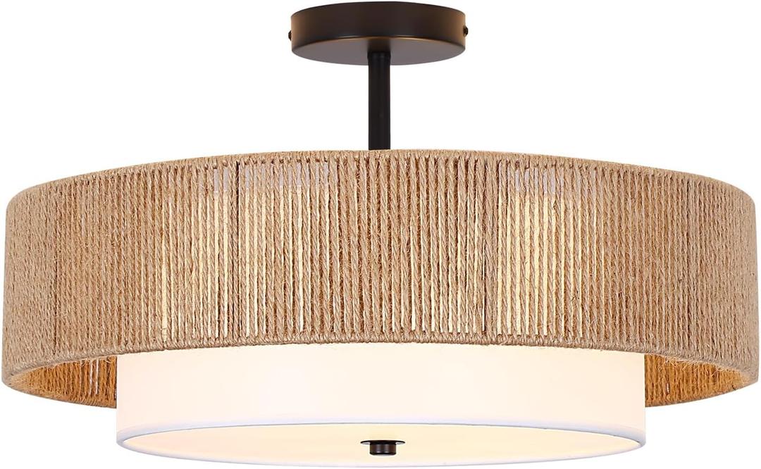 Bohemian Wicker Flush Mount Ceiling Light, boho rattan Light​ fixture, 19.7-Inch