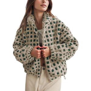 Lianlive Women Winter Sherpa Fleece Jacket Long Sleeve Zip Up Checkered Fuzzy Cropped Coats Warm Outwear with Pockets (Medium, Green)