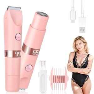 Beanify 2-in-1 Electric Shaver & Bikini Trimmer with LED Display for Women & Men，IPX7 Waterproof Wet/ Dry Electric Razor with Dual Head, Rechargeable Painless Body & Facial Hair Remover (Pink)