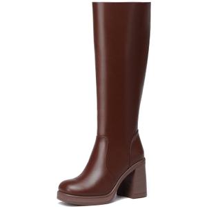 Knee High Boots Women Chunky Heeled Square Toe Boot Platform Tall Long Boots Side Zipper Gogo Boots (7, Brown)
