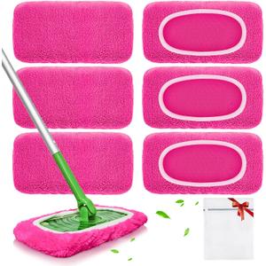 Reusable Mop Pads fit Swiffer Sweeper Mop - Microfiber Wet Pads Refill & Machine Washable Dry Sweeping Cloths for Mopping All Sealed Floors - Hardwood, Laminate, Tile & Stone (Mop is not Included) (6 Pack, Rose Pink)