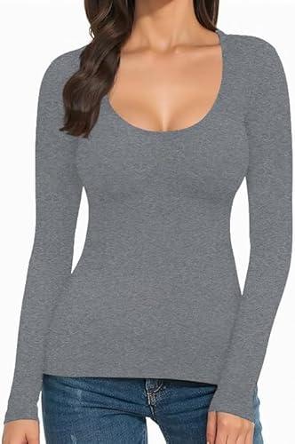 Olankaro Women's Top Scoop Neck Thermal Underwear Shirts Soft Long Sleeve Slim Fit T Shirt Base Layer(Grey,Medium)