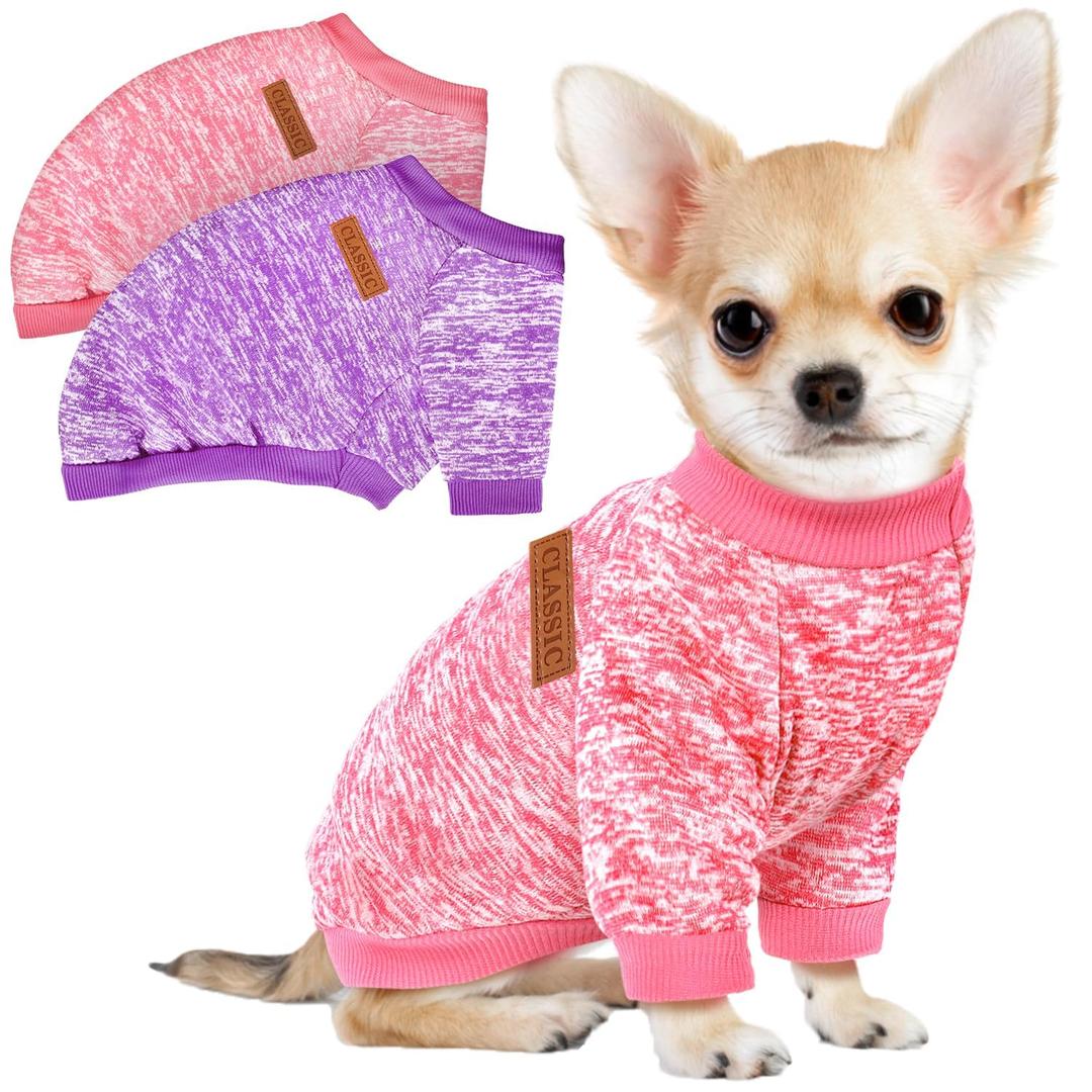 2 Pack Dog Sweaters for Small Dogs Girl Boy Winter Fleece Clothes Warm Soft Dog Sweatshirt Outfit for Dogs Cats Pet Apparel (Pink+Purple, M (Back: 13.7",Chest: 17.7", 10- 14 lbs))