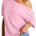 One Shoulder Tops for Women Summer Short Sleeve Shirts Dressy Casual Off The Shoulder Top Oversized Tshirts Blouses (Medium, D04 Pink)