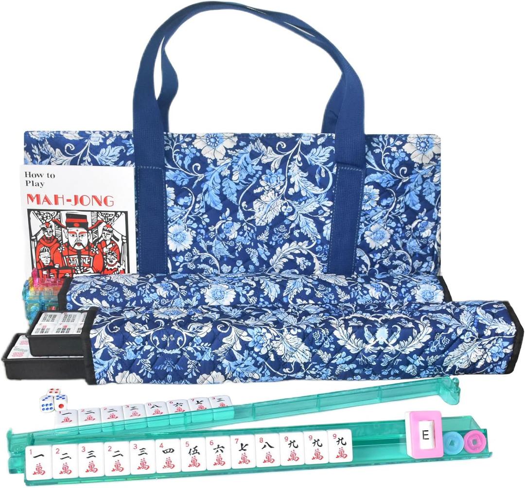 American Mahjong Set for Adults,166 Premium White Tiles, 4 All-in-One Mahjong Racks/Pushers,Complete Western Mahjong with Soft Blue Printed Carrying Bag, 9 inches x 20 inches x 3 inches