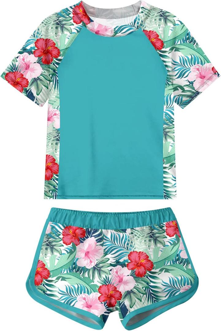 ADUKIDE Girls Rash Guard Swimsuit 2-Piece Bathing Suit UPF 50+ Summer Beach Swimwear Size 7-16T (12-13 Years, Floral Hawaii)