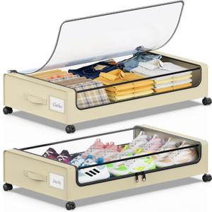 Beborxue Under Bed Storage with Wheels, 2-Pack Under the Bed Storage Containers with Lids, XXL 60L Under Bed Shoes Storage Organizer Bins, Rolling Underbed Storage for Clothes, Shoes, Blankets (Beige)