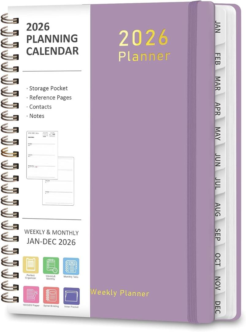 5 x 2026 Planner, Weekly and Monthly Calendar Academic Planner, Jan 2026 - Dec 2026, Planning Agenda Book for Desk Accessories and School Supplies - A5 (6.3'' x 8.5'') (Purple)