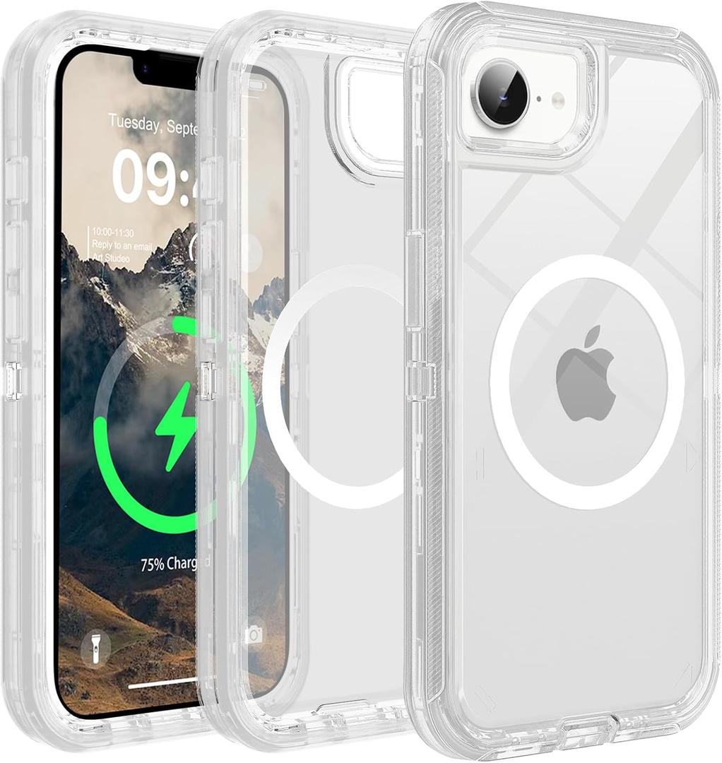 for iPhone 16e & iPhone 17e Clear Case, Compatible with MagSafe, Anti-Yellowing, Shockproof, Dropproof, Heavy Duty Protection, Triple Layer Magnetic Phone Case Cove, Clear