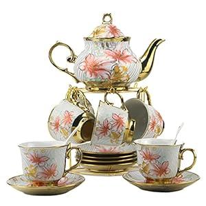 20 Pieces Porcelain Tea Set With Metal Holder, European Ceramic tea set for adults,Flower Tea Set,Tea Set For Women With Flower Painting (Large version, White)