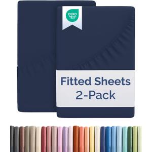 Twin Size Fitted Bed Sheet - Pack of 2 Single Fitted Bottom Sheet Only - Fits Mattress Up to 16" Deep Pockets - Extra Soft, Breathable & Cooling - Hotel Quality, Shrink and Wrinkle Free - Navy Blue