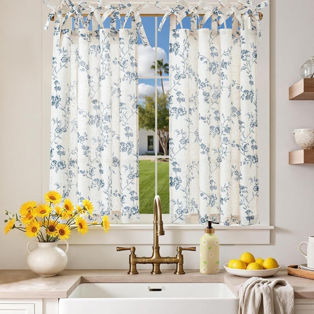 Jinchan Floral Kitchen Curtains 36 Inch Linen Tier Curtains Farmhouse Cafe Half Window Drapes Over Sink Light Filtering Blue on Beige for Living Room Laundry Tie Top 2 Panels, 26"W x 36"L 