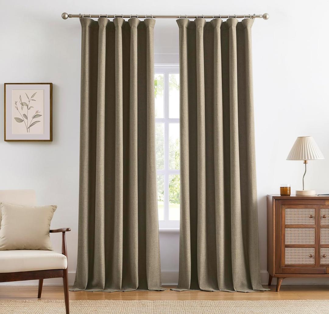 Vision Home Brown Linen Full Blackout Curtains 90 inch Long for Bedroom Living Room Darkening Soundproof Window Panels Thermal Insulated Rod Pocket Back Tab Neutral Drapes 56" Wx90 Lx2