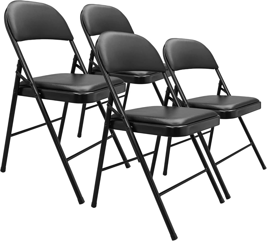 Comfortable Vinyl-Padded Metal Steel Folding Chairs for Events, Easy to Fold and Store, Black, 4-Pack