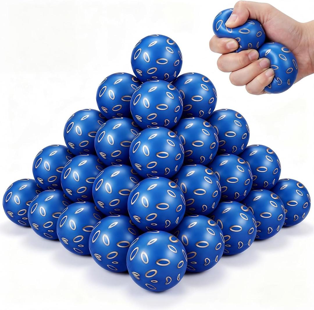 Roowest 36 Pcs Blue with Gold Ring Stress Balls 1.57 Inch Fade Resistant Foam Squeeze Balls Sensory Fidget Toys for Stress Relief & Hand Relaxation, Birthday Party Favors, Goodie Bag Stuffers