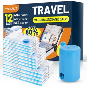 Vacuum Storage Bags for Travel, 12 Pack (4M+4S+4XS) Vacuum Seal Bags with Wireless Rechargeable Electric Pump, Travel Essentials Space Saving Bag for Clothes, Luggage, Carry-on Suitcase, Backpack