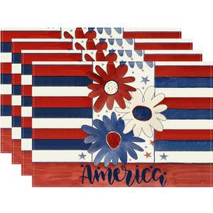 XCHI Watercolor Flowers Patriotic America Stars 4th of July Memorial Day Independence Day Placemats Set of 4 Table Mats Decorations 12x18 Inch
