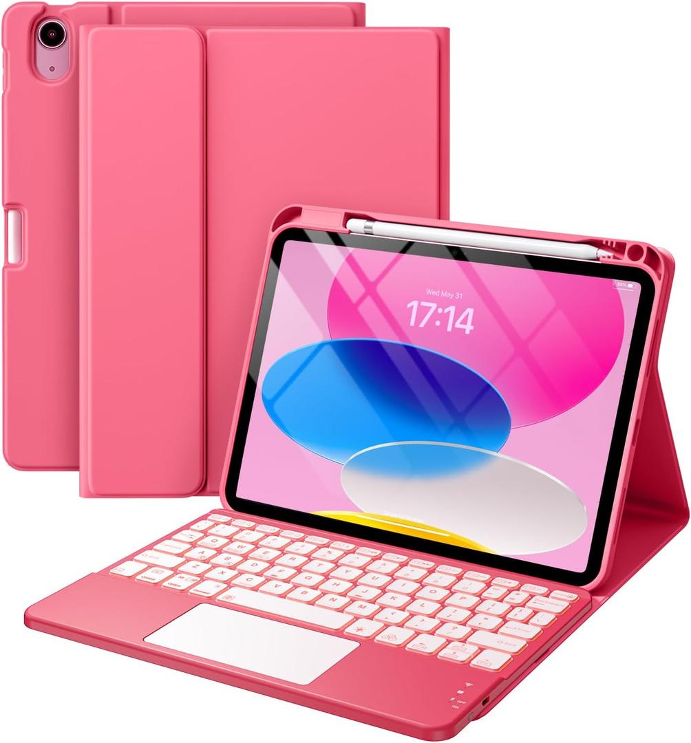 Compatible for iPad 11th 10th Generation Case with Keyboard, Folio Cover with Pencil Holder, Multi-Touch Trackpad, 7 Color Backlit, Detachable Keyboard for iPad (A16) 11th/10th Gen (Pink)