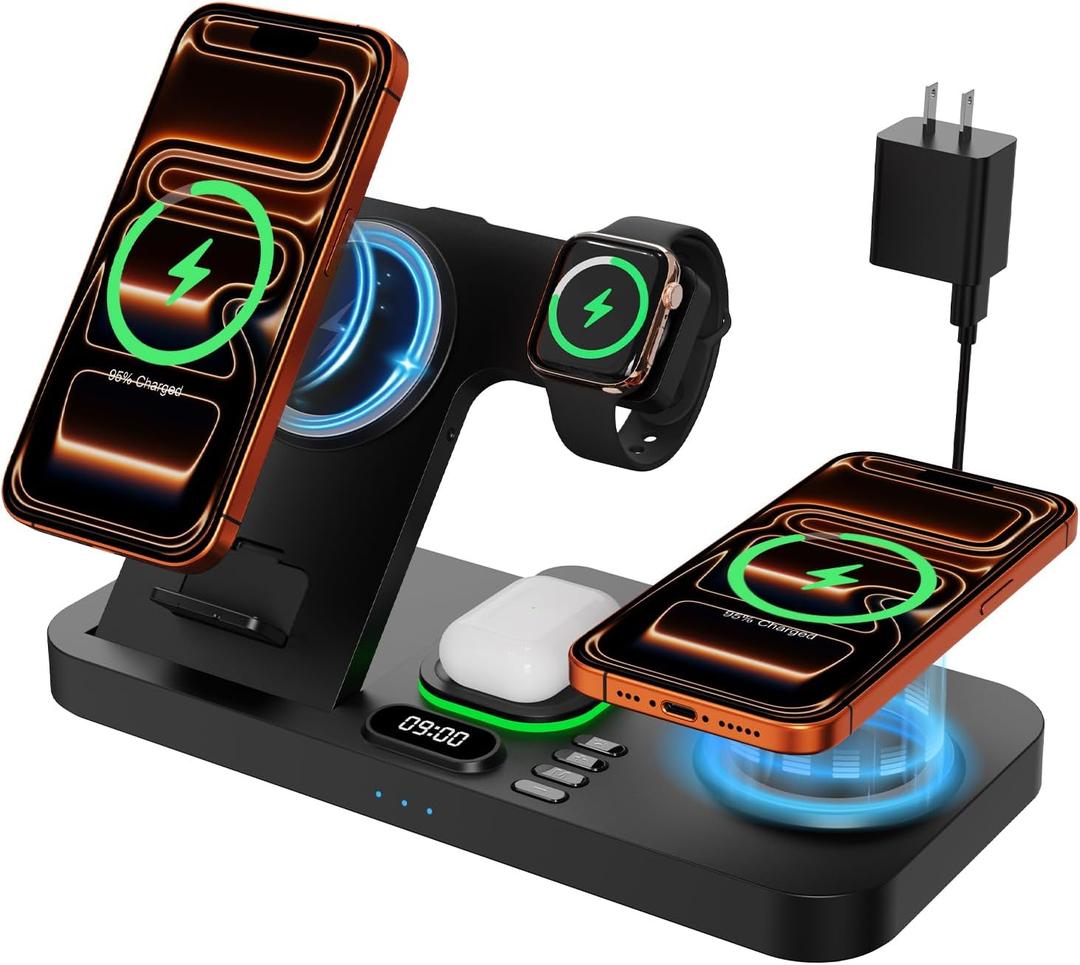 Dual Phone Magnetic Wireless Charging Station for Apple Devices/Apple Ecosystem,with Auto-Switch 7-Color Light & Clock, Compatible with iPhone 17/16/15, for iWatch 11/10/9 & AirPods Pro3Black