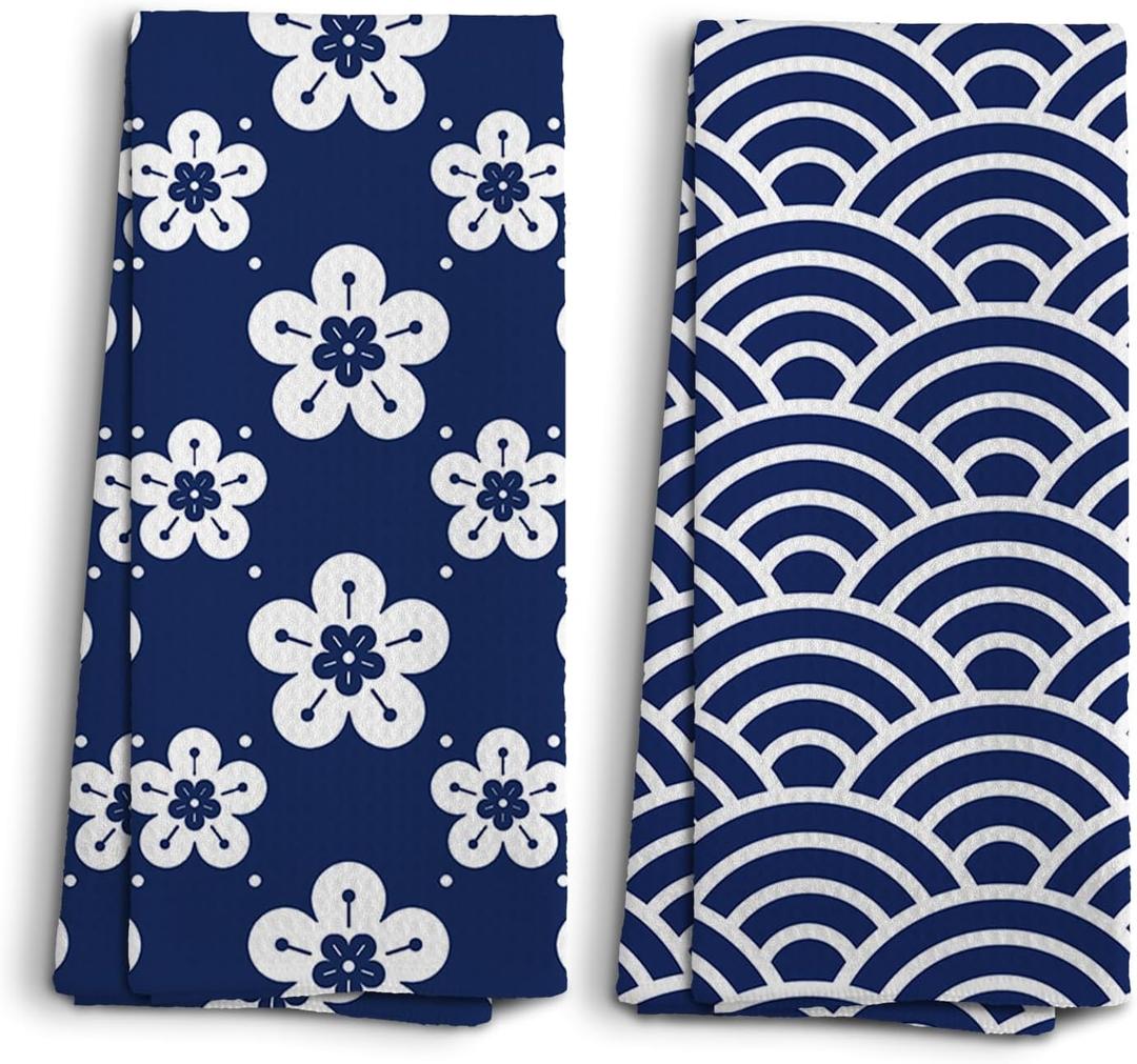 2 x Blue Flowers Kitchen Towels, Floral Dish Towels, Clouds Kitchen Towels Decorative Set, Flower Prints Decoration for Home, Cute Hand Towels, Gifts for Women, Set of 2, 16x24 (Blue-1)