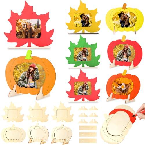 Geelin 6 Pack Thanksgiving DIY Picture Frame Craft Kits Wooden Pumpkin Maple Leaf Photo Frames Bulk Fall Thanksgiving Crafts for Adults Home Holiday Game Activities Gifts