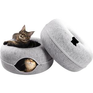 CATTASAURUS Peekaboo Cat Cave for Multiple & Large Cats Up to 30-45 Lbs, Scratch Detachable & Washable Tunnel Bed, Comfy Donut Cat Cave (Light Gray, Large)