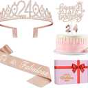 24th Birthday Decorations for Women Including Birthday Sash, Tiara/Crown, Numeral Candles and Cake Topper, 24 Year Old Gifts for Women, Rose Gold Party Decor Supplies