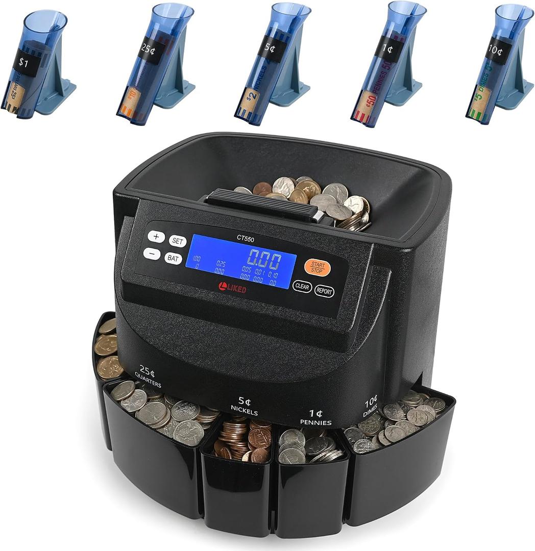 L LIKED CT550 USD Coin Sorter, Counter and Wrapper Machine Accurate sort for Nickels, Dimes, Quarters, Pennies, Dollars, Comes with 50 Performed Wrappers, 270 Coins/min, LCD Display, 37.5x37.5x31.5cm