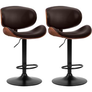 DUMOS Swivel Bar Stools Set of 2, Adjustable Counter Height Bentwood BarStools, PU Leather Upholstery Bar Chair with Ergonomic Back and Footrest, Counter Stools for Bar, Home Kitchen Island, Brown