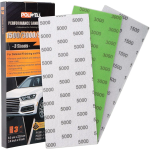 POLIWELL Pyramid Structure Car Sandpaper Set: 3.6“ x 9” Wet/Dry Polishing Pads (1500/3000/5000 Grit) — Clear Coat Scratch Repair, Automotive Detailing Care, and Ultra-Smooth Surface Restoration