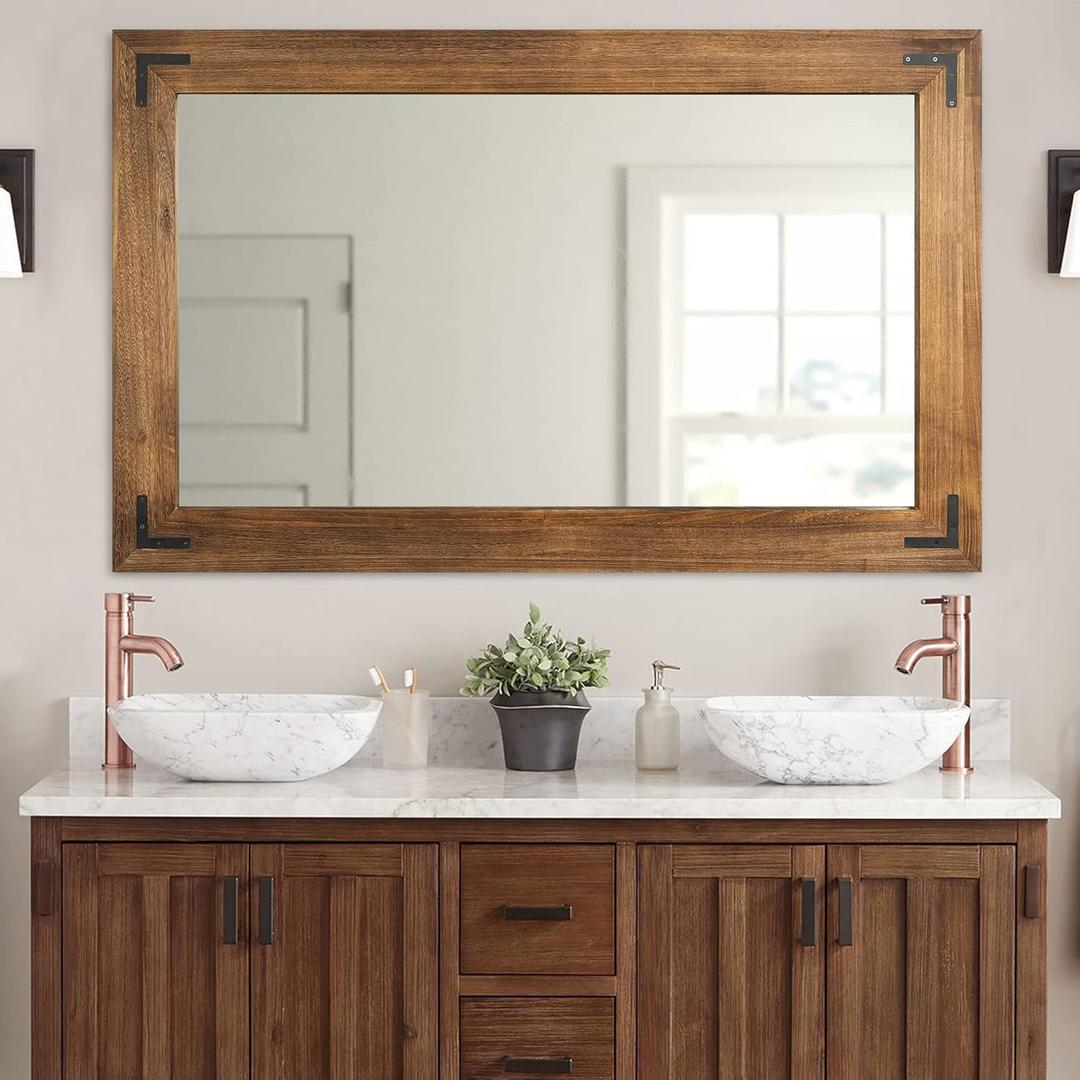 YOSHOOT Rustic Wooden Framed Wall Mirror, Natural Wood Bathroom Vanity Mirror for Farmhouse Decor, Vertical or Horizontal Hanging (48"L x 30"W, Brown)
