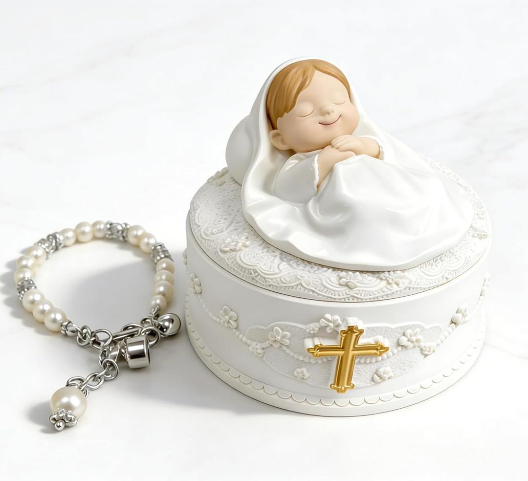Baptism Gifts for Girl  Faith Keepsake Box with Removable Baptism Figurine & Adjustable Pearl Bracelet, Christening Gifts for Girls from Godparents or Grandparents