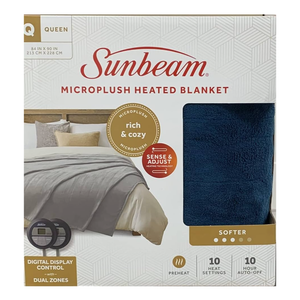 Sunbeam Microplush Queen Electric Heated Blanket with Preheat Feature Two Digital Controller 10-Heat Settings Auto Shut-Off , UL Certified for Safety, Legion Blue, King