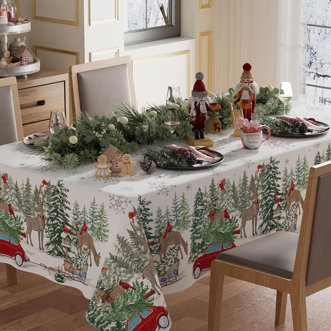 XCHI Winter Pine Trees Car Deer Christmas Tablecloth Rectangle Winter Table Cloth Washable Table Covers for Indoor Dining Home Party Xmas Decorations 60x84 Inch