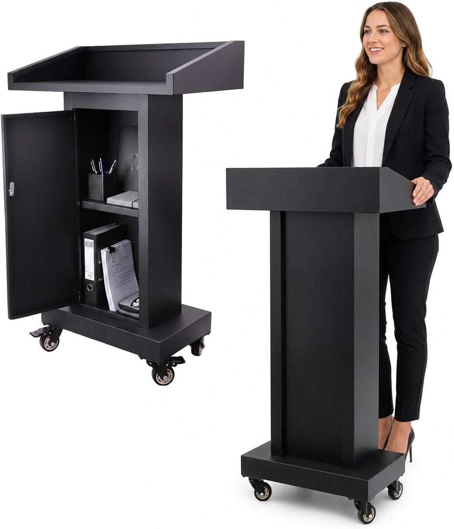 Metal Podium Lectern Stand - Heavy-Duty Podium with Wheels and Storage Cabinets Portable Pulpit for Church School Office Conference Black