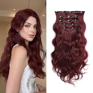 Burgundy Clip in Hair Extensions 18 Inch 5PCS Heat Resistant Synthetic Curly Hairpieces with Invisible Clips, Soft & Thick Full Head Hair Extensions for Women & Girls (6 Oz,Burgundy)