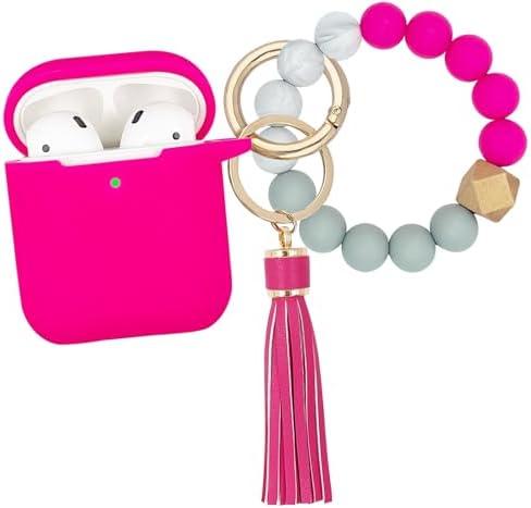 Compatible with AirPods Case Cover, Soft Silicone Protective Cover with Bracelet Keychain, Compatible with Apple AirPods 2nd 1st Generation Charging Case (Hot Pink)