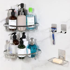 2 Tiers Corner Shower Caddy Bathroom Shelf with Hooks and Soap Dish, SUS304 Stainless Steel Wall Mounted Adhesive Shower Shelf, Rustproof No Drilling for Toilet,Shampoo and Kitchen - 2 Pack